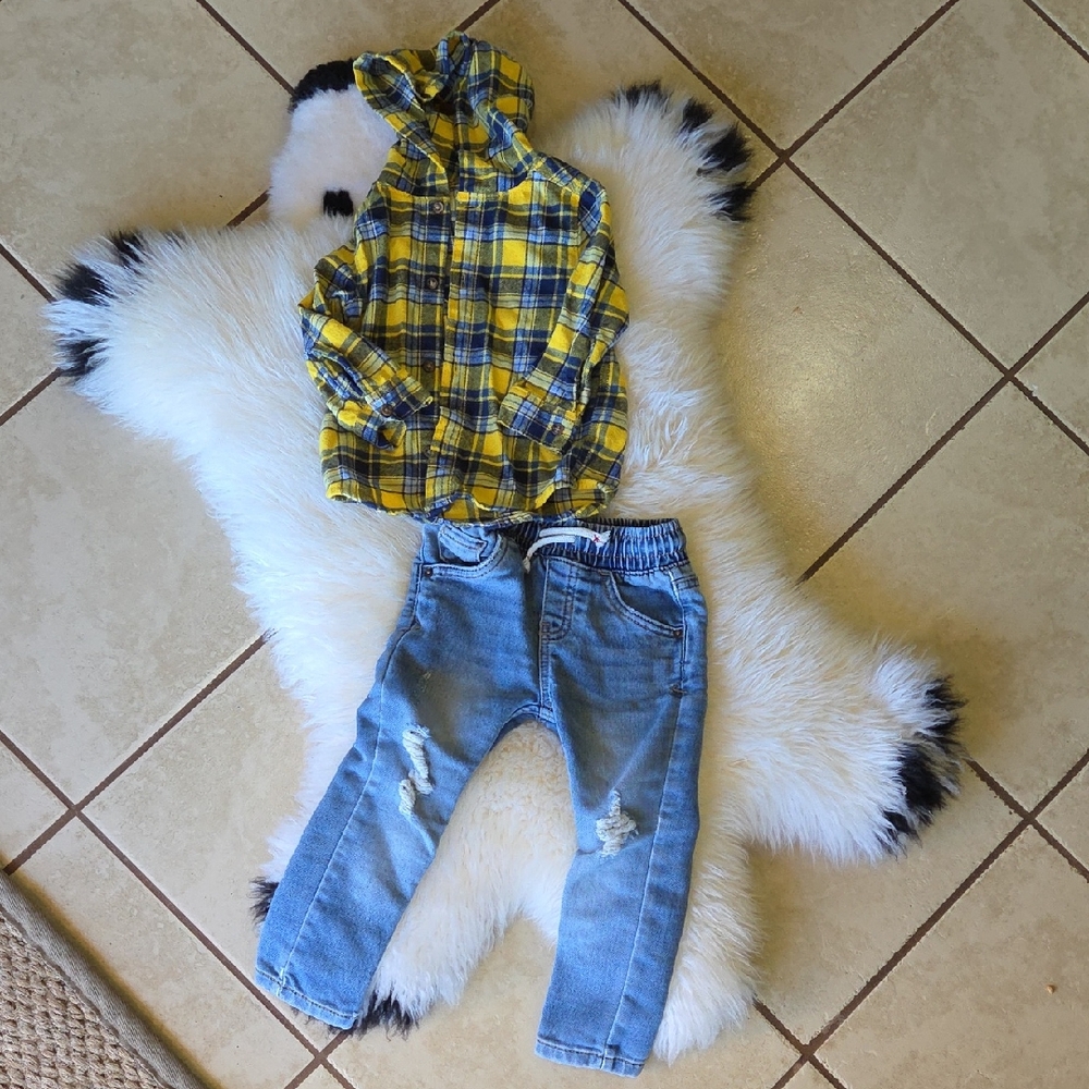 Cat & Jack Yellow Plaid Shirt and Blue Jeans Set
